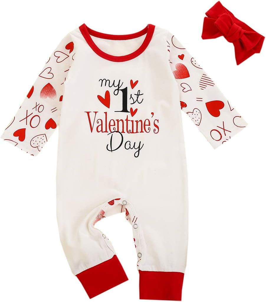 Newborn Baby Girls Valentines Outfits My First Valentine'S Day Romper Bodysuit Jumpsuit Clothes Set 0-24M