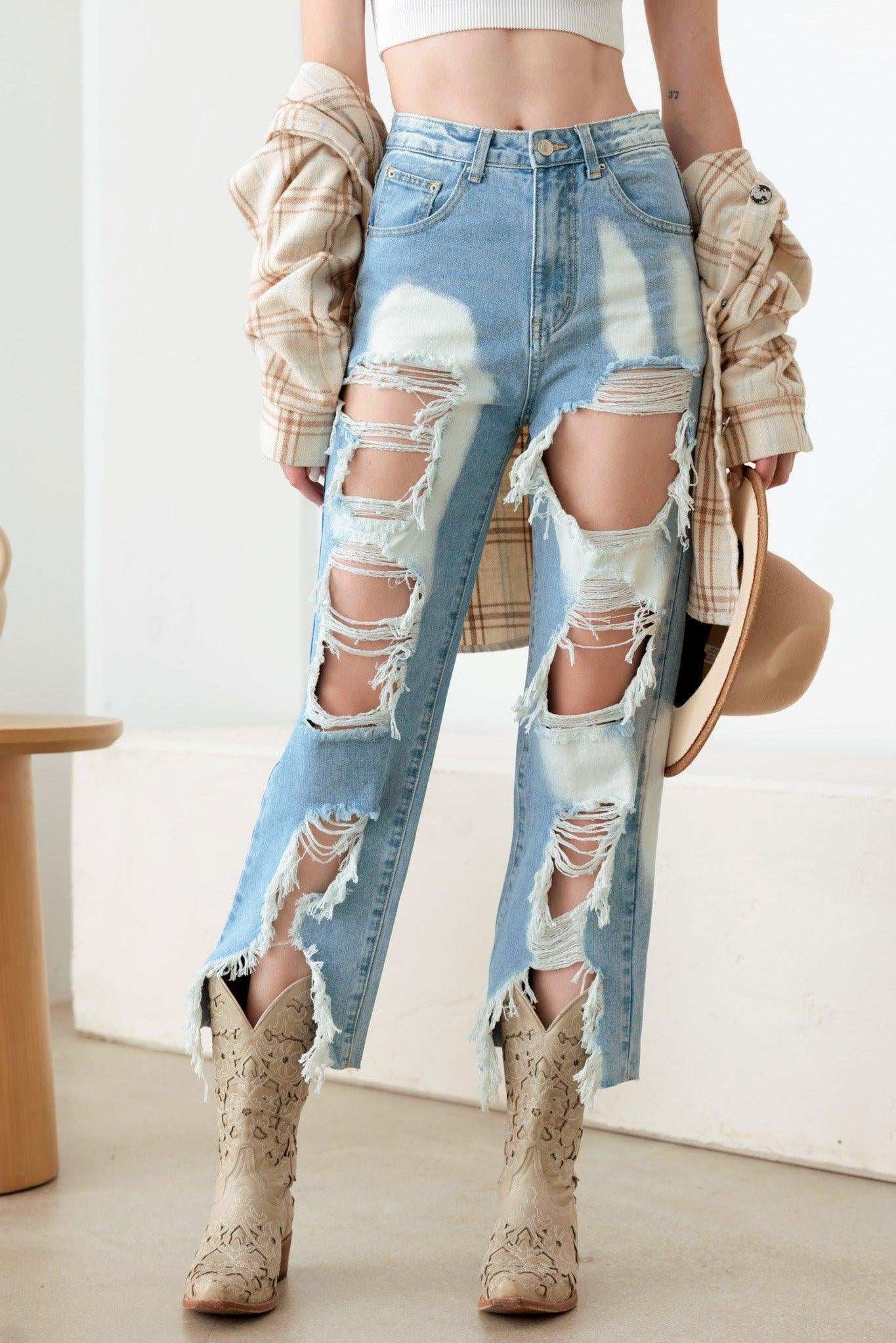 Light Blue Distressed Stylish Cut Jeans